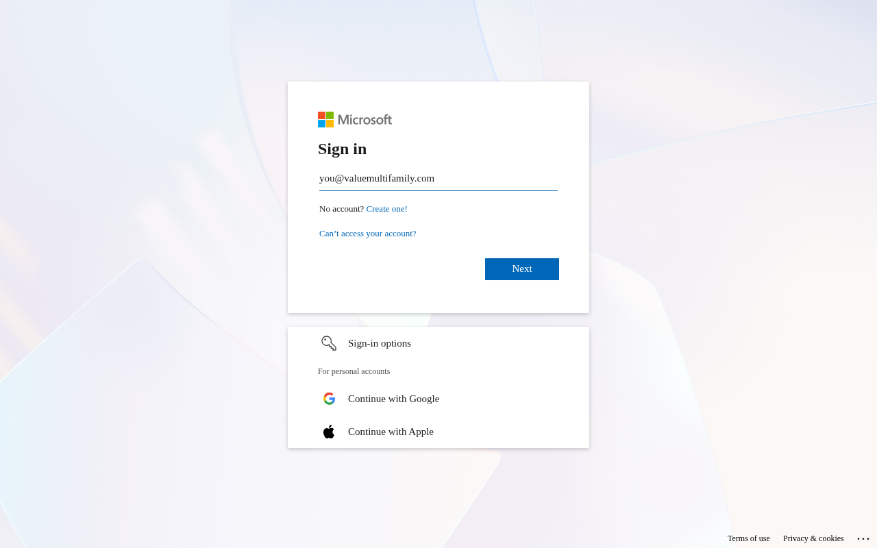 Microsoft sign-in page with the new work address entered