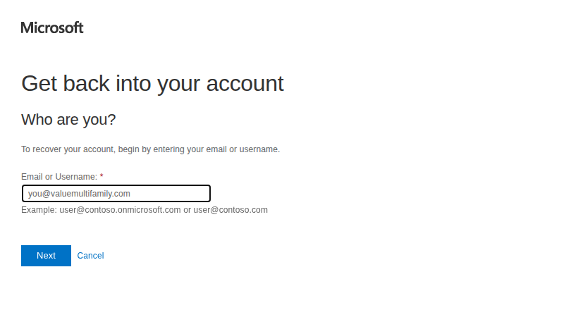 Microsoft password reset page with the new work address entered